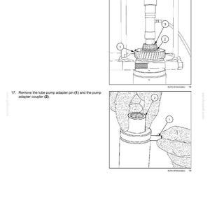 May include: Diagram of Powershift transmission internal components. The image shows a split flange puller and hydraulic press removing a clutch gear, gear bearing cone, and shaft bearing cone. Another diagram shows the removal of a lube pump adapter pin and coupler.
