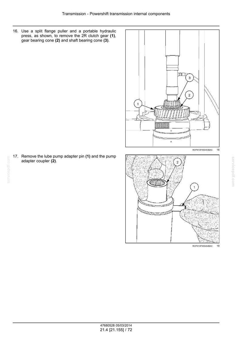 May include: Diagram of Powershift transmission internal components. The image shows a split flange puller and hydraulic press removing a clutch gear, gear bearing cone, and shaft bearing cone. Another diagram shows the removal of a lube pump adapter pin and coupler.