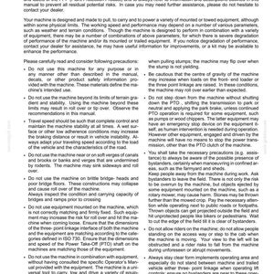 May include: A page of technical documentation titled 2-SAFETY INFORMATION, featuring an Intended use statement and a list of safety precautions for operating machinery, including warnings about terrain, stability, and equipment usage.