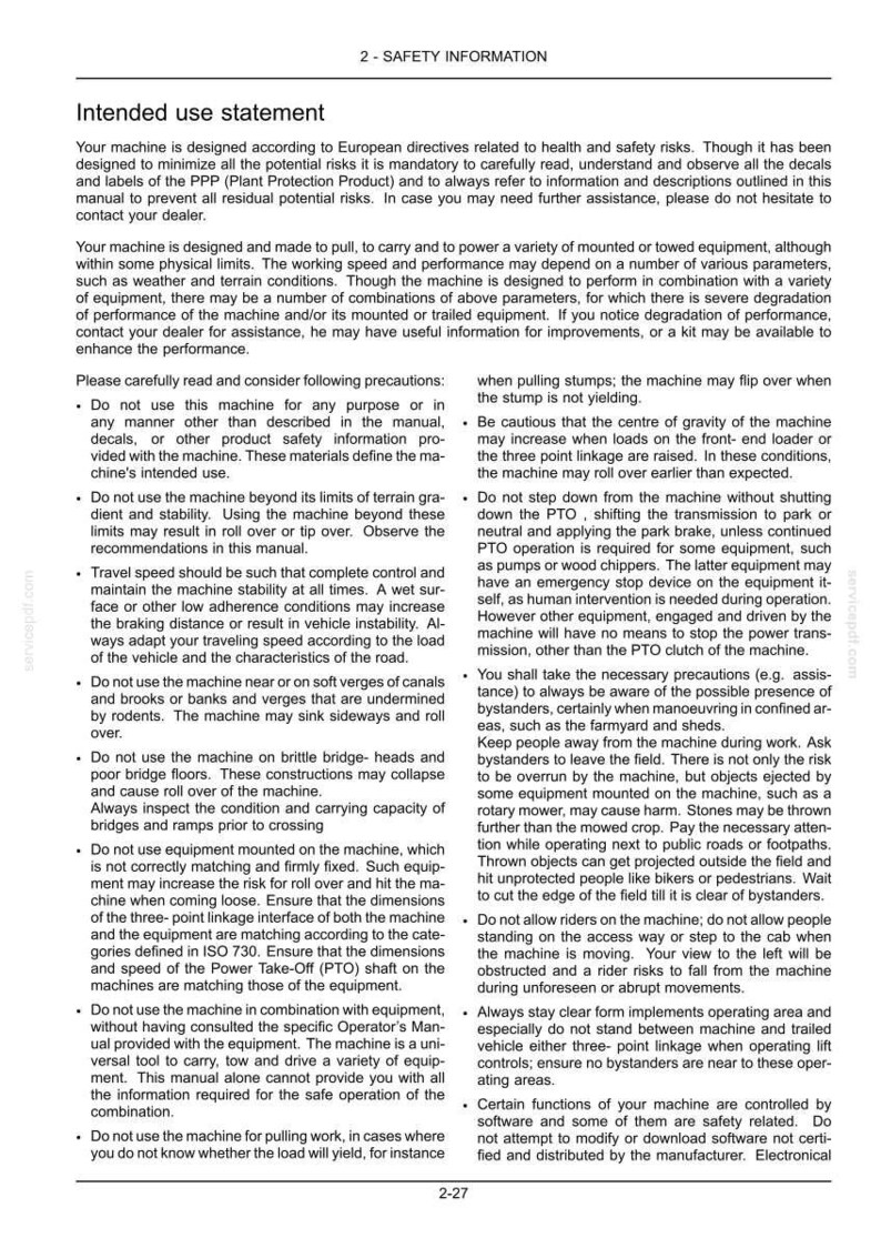 May include: A page of technical documentation titled 2-SAFETY INFORMATION, featuring an Intended use statement and a list of safety precautions for operating machinery, including warnings about terrain, stability, and equipment usage.