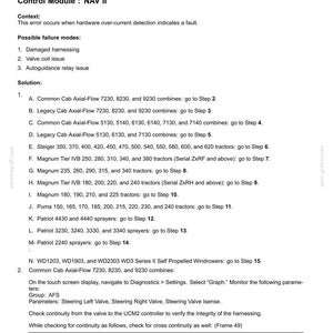 May include: A technical diagram detailing electrical system fault codes for a precision farming system. The document includes troubleshooting steps, possible failure modes, and wiring diagrams for various tractor and sprayer models.