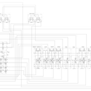May include: A detailed engineering diagram with text labels and a legend. The diagram shows a complex network of lines and symbols, likely representing a hydraulic or electrical system. The legend indicates hydraulic pressure, charge pump pressure, backhoe valve supply, and return to tank.