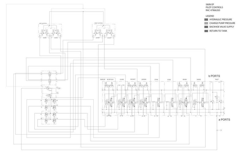 May include: A detailed engineering diagram with text labels and a legend. The diagram shows a complex network of lines and symbols, likely representing a hydraulic or electrical system. The legend indicates hydraulic pressure, charge pump pressure, backhoe valve supply, and return to tank.