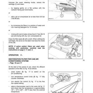 Pu&ograve; includere: Una pagina di manuale tecnico intitolata LUBRICATION AND MAINTENANCE con disegni al tratto in bianco e nero di filtri aria cabina e comandi aria condizionata. I diagrammi 15, 16 e 17 mostrano componenti con indicatori numerati.