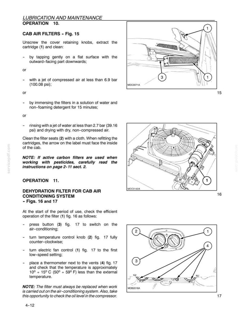 Pu&ograve; includere: Una pagina di manuale tecnico intitolata LUBRICATION AND MAINTENANCE con disegni al tratto in bianco e nero di filtri aria cabina e comandi aria condizionata. I diagrammi 15, 16 e 17 mostrano componenti con indicatori numerati.