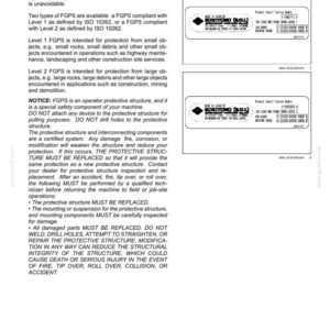 May include: A page from a manual detailing the Front Guard Protective System (FGPS) for machinery. The text describes the system's purpose, types, and safety instructions. Includes diagrams and product identification labels.