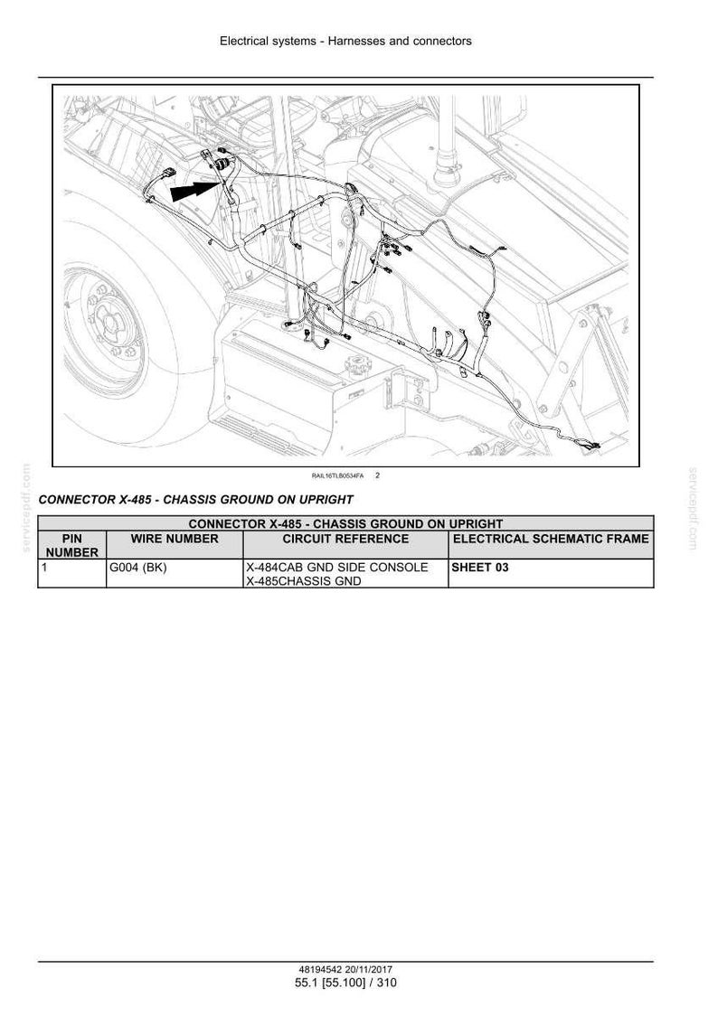 May include: Diagram of electrical systems, harnesses, and connectors. The image shows a detailed schematic of wiring on a vehicle, including connector X-485 and chassis ground components. Text includes wire numbers and circuit references.