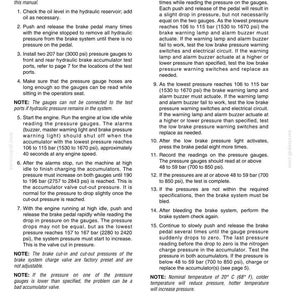 May include: A technical document page titled Troubleshooting the Hydraulic Brake System, numbered 7002-4. The text provides fifteen numbered steps and notes for testing hydraulic pressure, including specific pressure ranges in bar and psi.