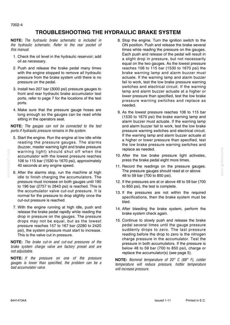 May include: A technical document page titled Troubleshooting the Hydraulic Brake System, numbered 7002-4. The text provides fifteen numbered steps and notes for testing hydraulic pressure, including specific pressure ranges in bar and psi.