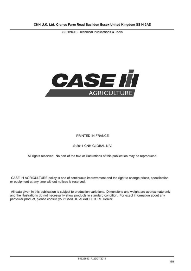 May include: A white document with the "CASE IH AGRICULTURE" logo in black. The document includes text about technical publications and tools, printed in France, and copyright information.