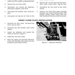 May include: A black and white diagram with text detailing front floor plate removal and installation steps. The diagram includes a labeled illustration of batteries installed, with text instructions and numbered steps.