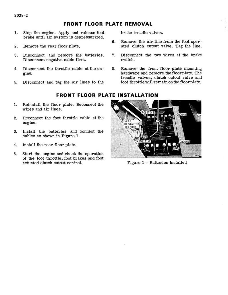 May include: A black and white diagram with text detailing front floor plate removal and installation steps. The diagram includes a labeled illustration of batteries installed, with text instructions and numbered steps.