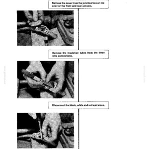 May include: Black and white diagram illustrating steps for checking front and rear sensor resistance. Text instructions include removing covers, insulation tubes, and disconnecting wires. The document is printed in the USA.