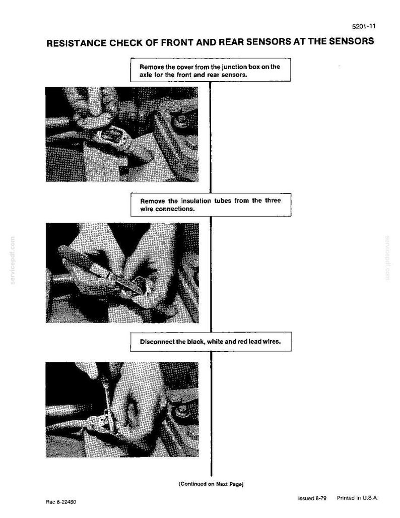 May include: Black and white diagram illustrating steps for checking front and rear sensor resistance. Text instructions include removing covers, insulation tubes, and disconnecting wires. The document is printed in the USA.