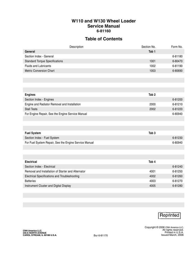 May include: A white service manual for a W110 and W130 Wheel Loader. The table of contents includes sections on general information, engines, fuel systems, and electrical components. The manual is printed in the USA.