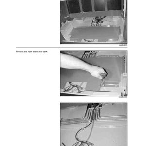 Puede incluir: Una imagen en escala de grises de un manual, que muestra tres vistas diferentes de un componente mec&aacute;nico. La imagen superior muestra una vista general del componente. La imagen del medio muestra una mano usando una herramienta. La imagen inferior muestra un primer plano de tubos y cables.
