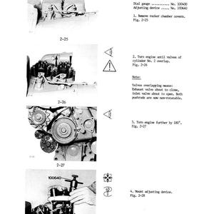 May include: Monochrome technical diagram detailing the procedure for determining top dead centre (TDC) on an engine. Features close-up images of engine parts and instructions. Text includes "Special tools required" and "Adjusting device".