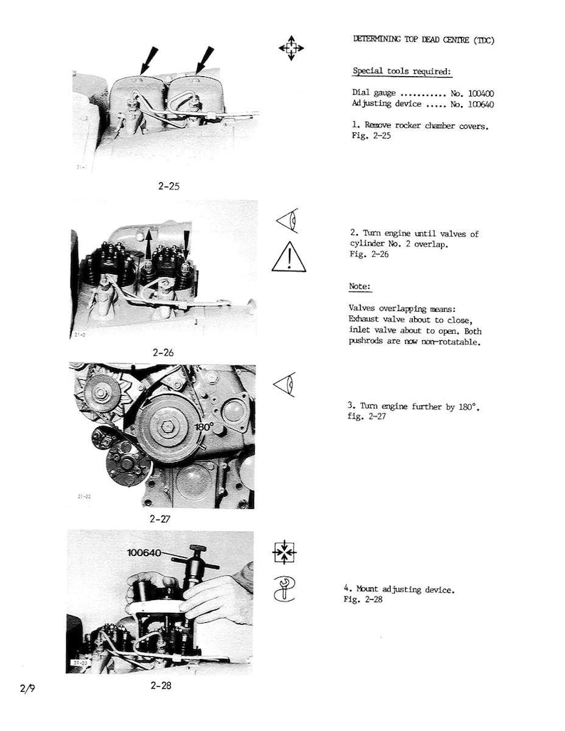 May include: Monochrome technical diagram detailing the procedure for determining top dead centre (TDC) on an engine. Features close-up images of engine parts and instructions. Text includes "Special tools required" and "Adjusting device".