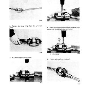 May include: A sequence of black and white images detailing the process of repairing a mechanical component. The images show the axle shaft, universal joints, and the use of tools like a press and driver. Text instructions are included.