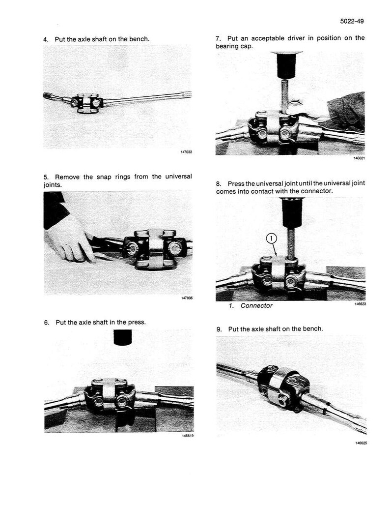May include: A sequence of black and white images detailing the process of repairing a mechanical component. The images show the axle shaft, universal joints, and the use of tools like a press and driver. Text instructions are included.