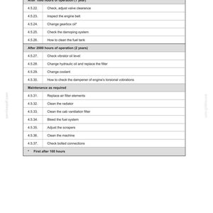 May include: A white and gray document titled "SECTION 4 - LUBRICATION/MAINTENANCE" with a table listing maintenance tasks. The table includes items like checking valve clearance, changing gearbox oil, and cleaning the radiator. The document is labeled "SV211".