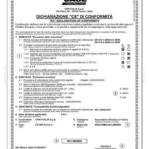 K&ouml;nnte beinhalten: Konformit&auml;tserkl&auml;rung von CNH Italia S.p.A. f&uuml;r einen Hydraulikbagger CX 39B Serie 2. Das Dokument enth&auml;lt technische Spezifikationen, Sicherheitsstandards und Konformit&auml;tsdetails, mit Seriennummer und Datum.