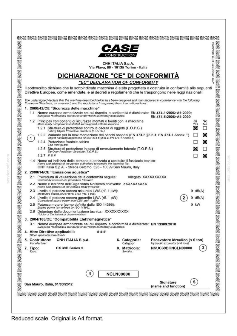 K&ouml;nnte beinhalten: Konformit&auml;tserkl&auml;rung von CNH Italia S.p.A. f&uuml;r einen Hydraulikbagger CX 39B Serie 2. Das Dokument enth&auml;lt technische Spezifikationen, Sicherheitsstandards und Konformit&auml;tsdetails, mit Seriennummer und Datum.