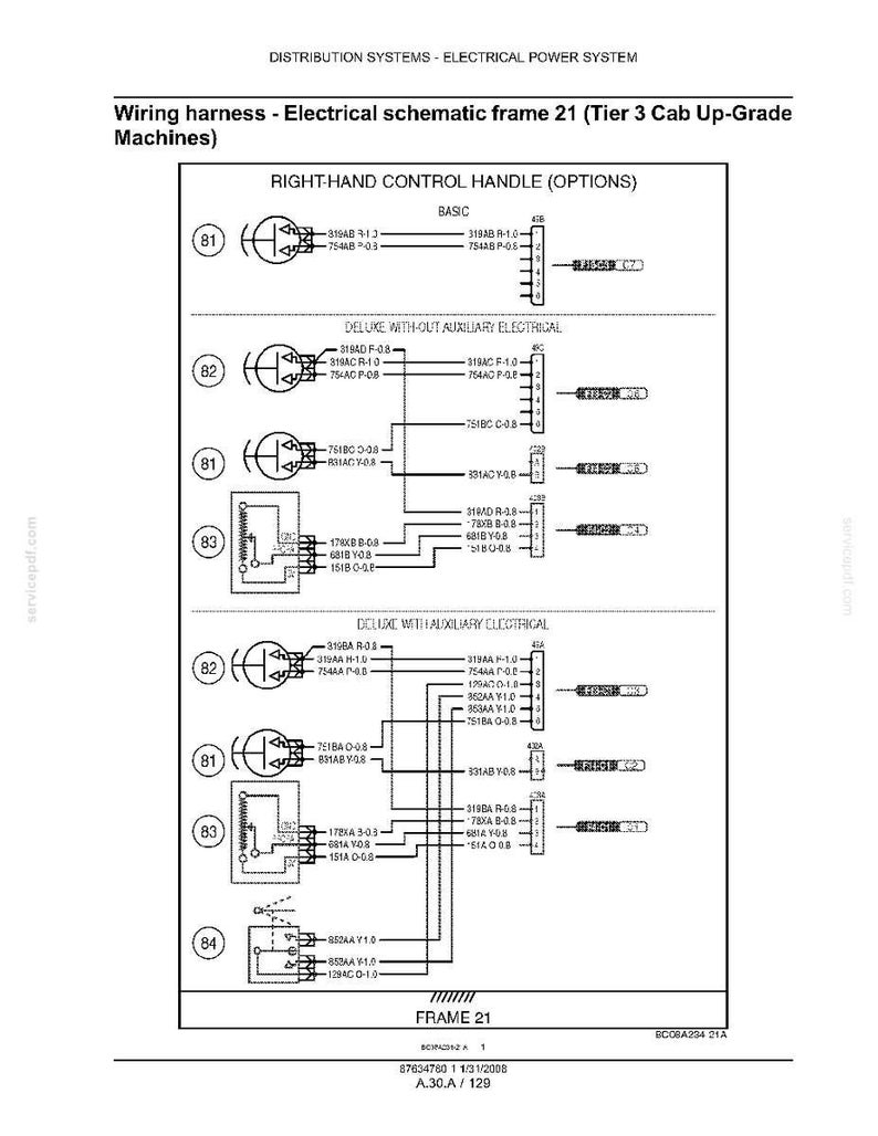 May include: Electrical schematic diagram for a wiring harness, frame 21, with options for right-hand control handle. Includes detailed wiring layouts for basic, deluxe with/without auxiliary electrical systems. Text includes "Distribution Systems - Electrical Power System".