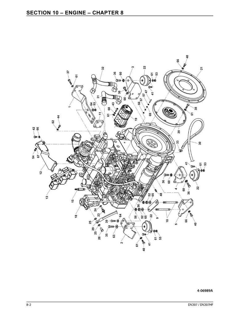 May include: Detailed black and white diagram of an engine, with various components labeled. The image includes text that reads "SECTION 10 - ENGINE - CHAPTER 8" and "4-06989A". The diagram is a technical illustration.