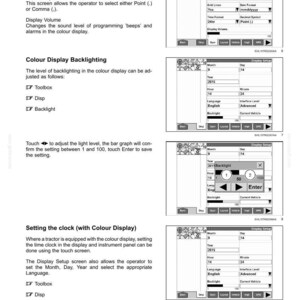 May include: A technical manual page titled 3-CONTROLS AND INSTRUMENTS featuring diagrams of a digital display interface. The text explains settings for date format, decimal symbol, display volume, and backlighting, with step-by-step instructions.