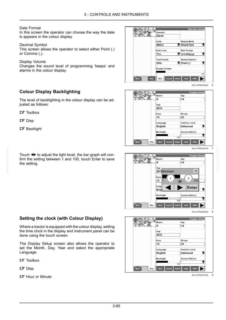 May include: A technical manual page titled 3-CONTROLS AND INSTRUMENTS featuring diagrams of a digital display interface. The text explains settings for date format, decimal symbol, display volume, and backlighting, with step-by-step instructions.