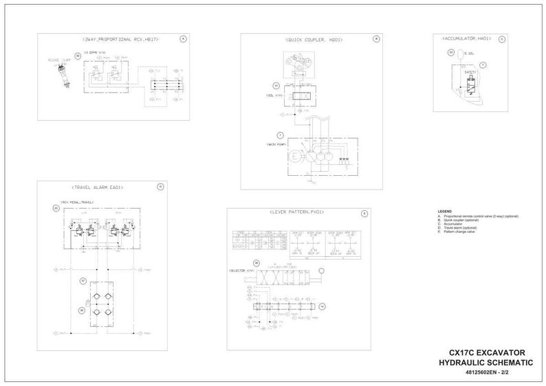 May include: A white schematic diagram of a CX17C excavator hydraulic system. The diagram includes several smaller diagrams labeled with titles such as "12V Proportional Sol. HECU" and "Quick Coupler (optional)." The bottom right corner contains the text "CX17C Excavator Hydraulic Schematic."