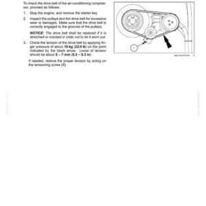 Op de afbeelding: Diagram van een controle van de compressorriem van de airconditioning, met tekstinstructies en een illustratie van de riem en de katrollen. De tekst bevat instructies om de riemspanning te controleren met 10 kg druk.