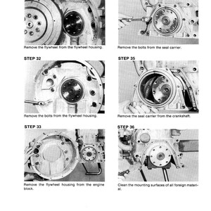 May include: A grayscale technical manual page with six sequential steps for engine repair. Each step includes a detailed illustration and a brief description of the task, such as removing the flywheel and cleaning surfaces.