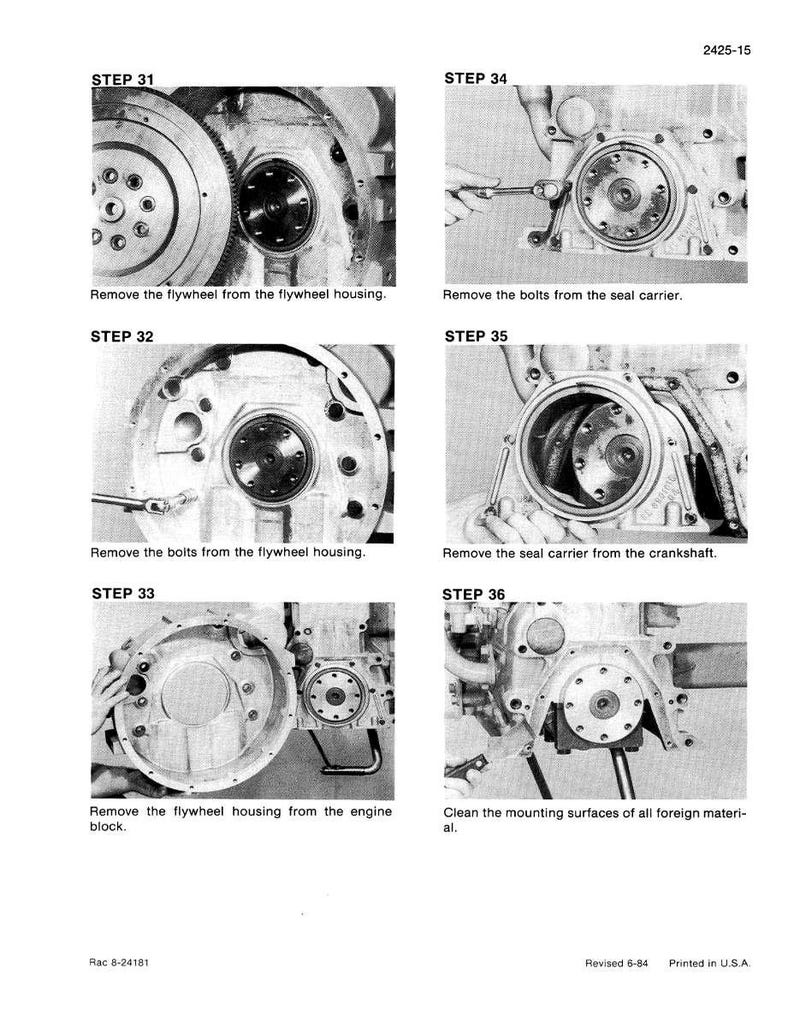 May include: A grayscale technical manual page with six sequential steps for engine repair. Each step includes a detailed illustration and a brief description of the task, such as removing the flywheel and cleaning surfaces.