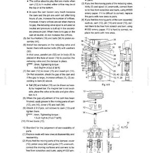 Może przedstawiać: Strona z instrukcji technicznej zawierająca czarno-białe rysunki liniowe zespołu zaworu redukcyjnego, oznaczone jako Fig. 4-9 i Fig. 4-10. Dokument zawiera ponumerowane części, instrukcje montażu oraz specyfikacje, takie jak moment dokręcania 8mm i 4mm.