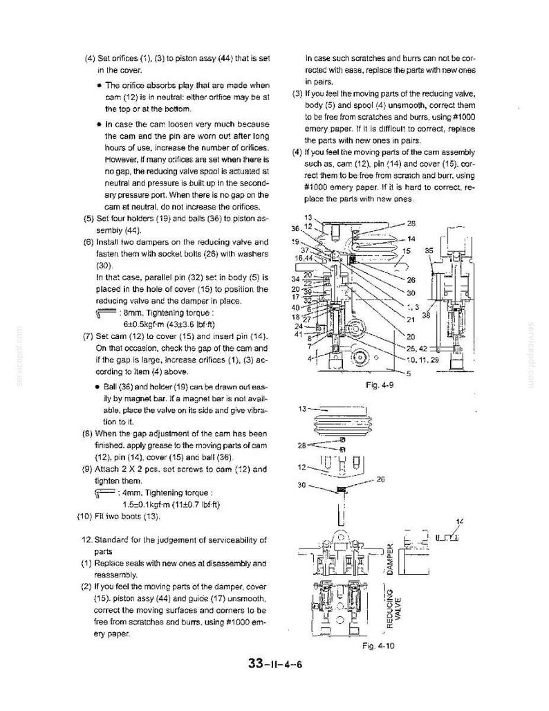 Może przedstawiać: Strona z instrukcji technicznej zawierająca czarno-białe rysunki liniowe zespołu zaworu redukcyjnego, oznaczone jako Fig. 4-9 i Fig. 4-10. Dokument zawiera ponumerowane części, instrukcje montażu oraz specyfikacje, takie jak moment dokręcania 8mm i 4mm.