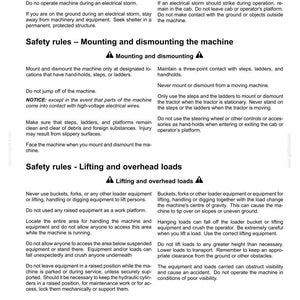 May include: A document titled 2-SAFETY INFORMATION containing safety rules for machinery operation. It includes sections on electrical storm safety, mounting and dismounting the machine, and lifting and overhead loads with warning icons.