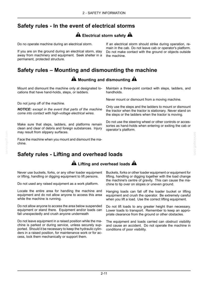 May include: A document titled 2-SAFETY INFORMATION containing safety rules for machinery operation. It includes sections on electrical storm safety, mounting and dismounting the machine, and lifting and overhead loads with warning icons.