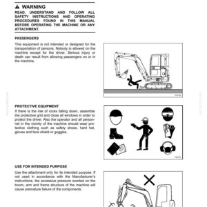 May include: Page from a manual with safety instructions and diagrams. Includes warnings about passengers, protective equipment, and intended use. Diagrams show an excavator and safety gear.