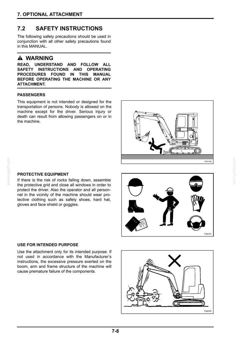 May include: Page from a manual with safety instructions and diagrams. Includes warnings about passengers, protective equipment, and intended use. Diagrams show an excavator and safety gear.