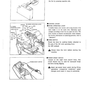 K&ouml;nnte beinhalten: Eine Seite aus einem technischen Handbuch mit Abbildungen von Baumaschinensteuerungen, darunter ein automatischer L&uuml;fterschalter, Arbeitshebel mit Bewegungsdiagrammen, ein Hupenschalter und ein Power-Boost-Schalter am rechten Steuerhebel.
