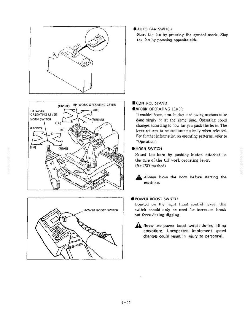 K&ouml;nnte beinhalten: Eine Seite aus einem technischen Handbuch mit Abbildungen von Baumaschinensteuerungen, darunter ein automatischer L&uuml;fterschalter, Arbeitshebel mit Bewegungsdiagrammen, ein Hupenschalter und ein Power-Boost-Schalter am rechten Steuerhebel.