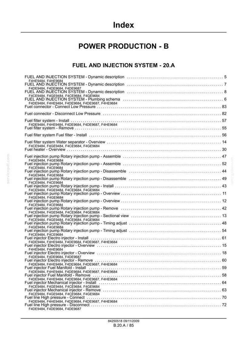 May include: A page from a manual titled "Index" with the heading "Power Production - B." The document lists various fuel and injection system components, including descriptions, plumbing schematics, and overviews. The document is dated 09/11/2009.