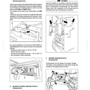 May include: A technical manual page for DC150 Power Steering machinery, featuring black and white line drawings of engine components, radiator coolant level checks, and ripper linkage grease points with arrows indicating maintenance locations.
