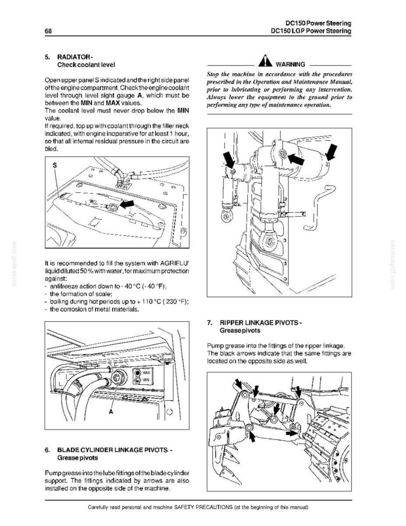 May include: A technical manual page for DC150 Power Steering machinery, featuring black and white line drawings of engine components, radiator coolant level checks, and ripper linkage grease points with arrows indicating maintenance locations.
