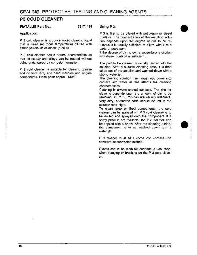 May include: A printed page detailing the use of P3 Coud Cleaner, a concentrated cleaning liquid for grease and oil removal from machine and engine components. The text includes instructions for dilution and application.