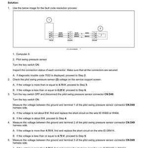 May include: Diagram of an electrical system fault code 7021, showing a swing pressure sensor signal abnormality. Includes a wiring diagram with connectors and voltage measurements. Text includes troubleshooting steps and voltage specifications.