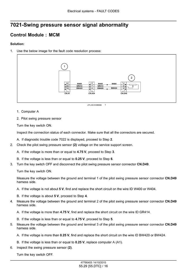 May include: Diagram of an electrical system fault code 7021, showing a swing pressure sensor signal abnormality. Includes a wiring diagram with connectors and voltage measurements. Text includes troubleshooting steps and voltage specifications.