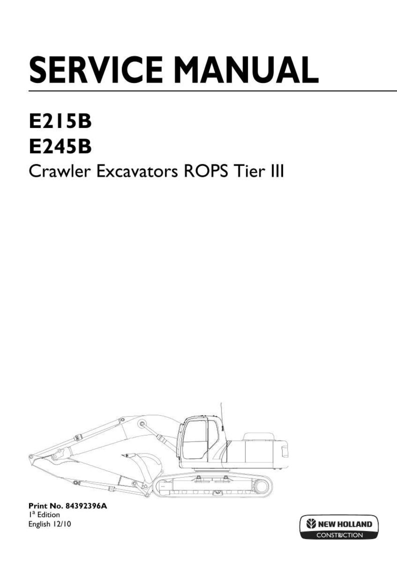 May include: A white service manual cover for New Holland Construction E215B and E245B crawler excavators with ROPS Tier III. The text reads SERVICE MANUAL, E215B, E245B, Crawler Excavators ROPS Tier III, Print No. 84392396A, 1st Edition, English 12/10.